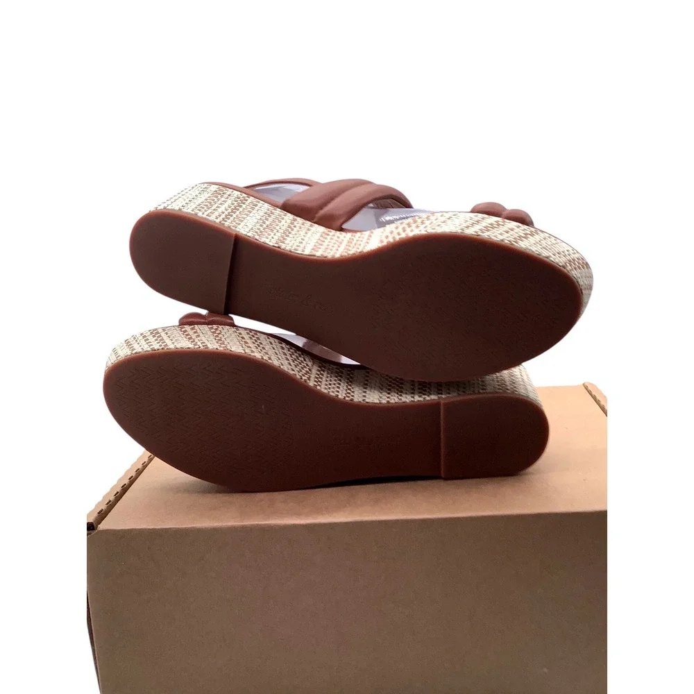 Violet & Red Casey Tan Leather Padded Double Strap Platform Wedge Sandals 9M
